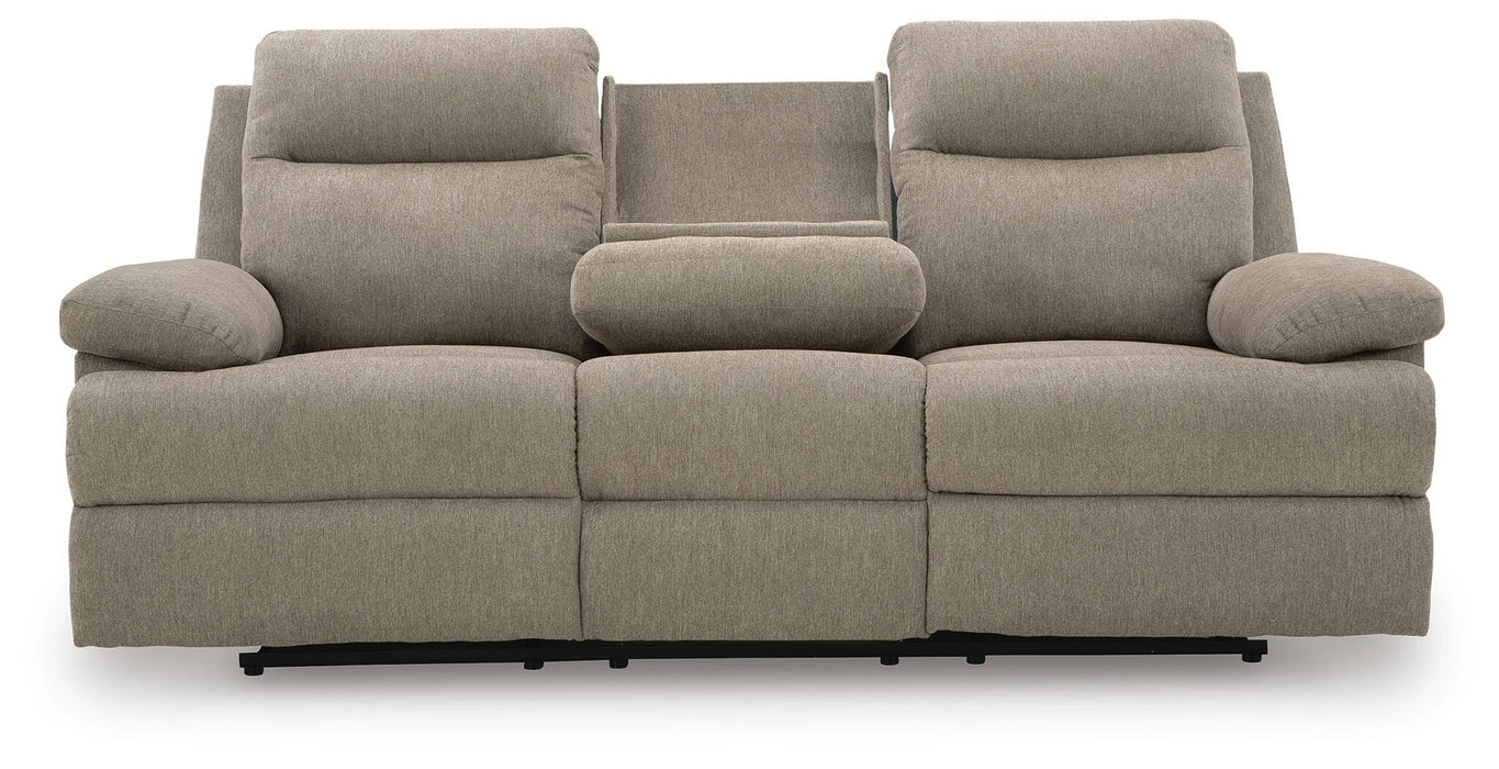 Side-Swipe Reclining Sofa with Drop Down Table